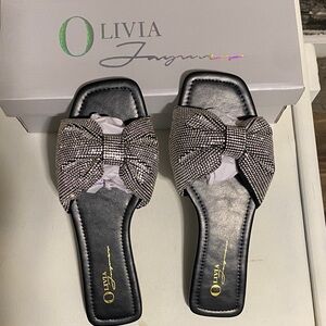 New Black silver Crystal Bow Slide Sandals